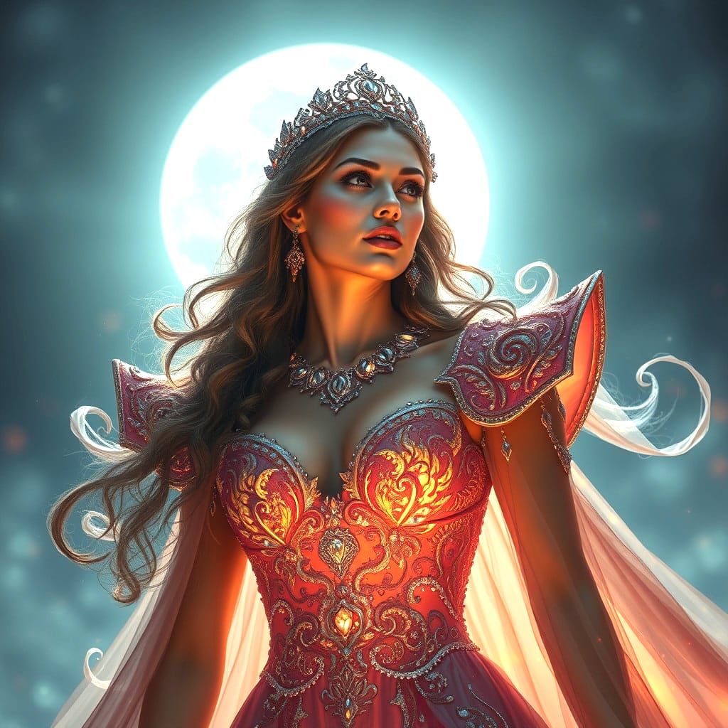 Stunning Woman in Crystal Dress with Moon Lighting
