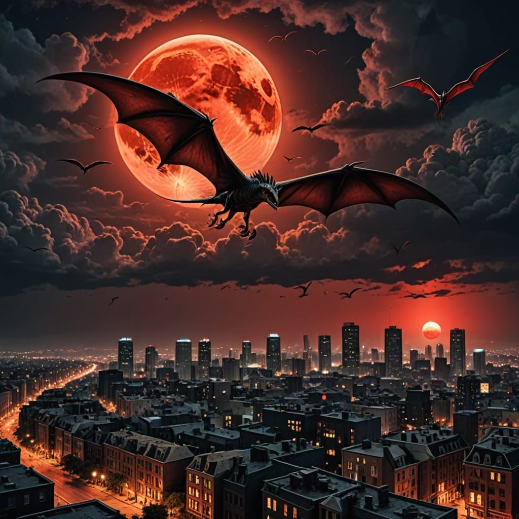 Pterosaur Over Apocalyptic City Under Blood Moon
