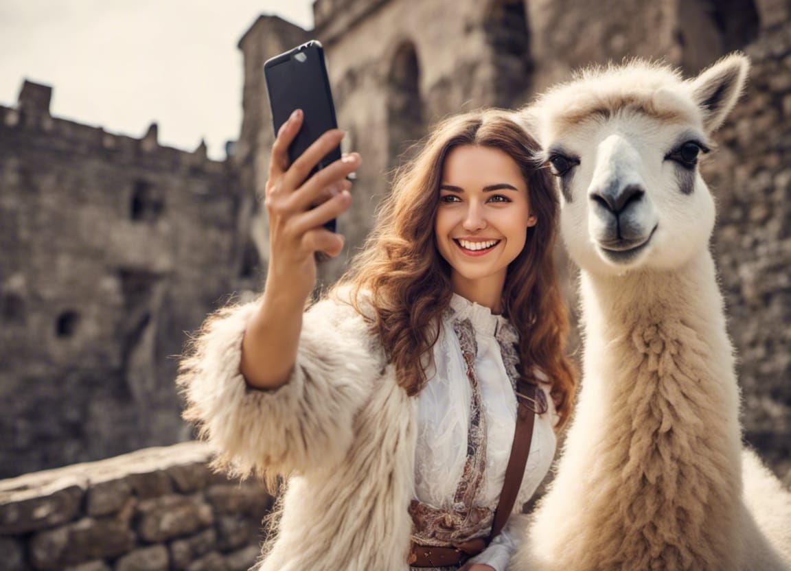 Woman's Selfie with Alpaca Near Ancient Castle