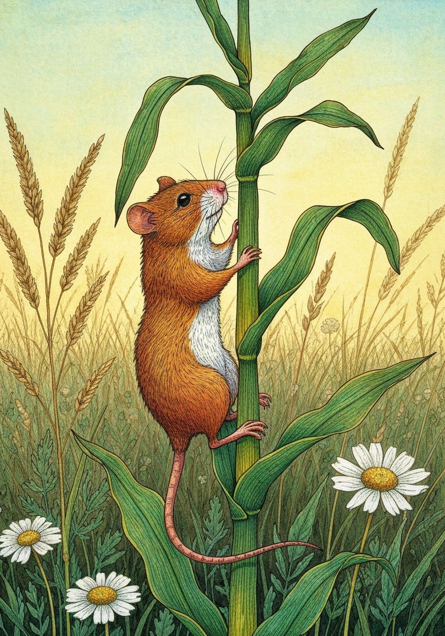 Whimsical Harvest Mouse Climbing Corn in Golden Hour
