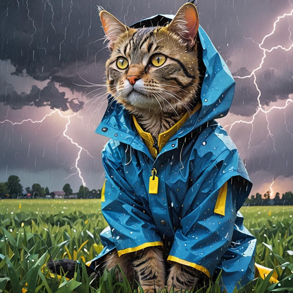 Cat in Yellow Raincoat During Thunderstorm Illustration