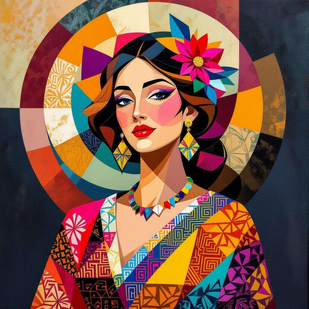 Geometric Folk Art Woman in Cubist Style