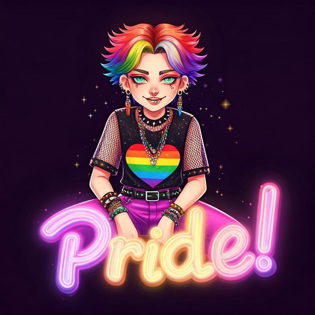 Vibrant Gay Pride Character with Rainbow Accents and Neon Le...