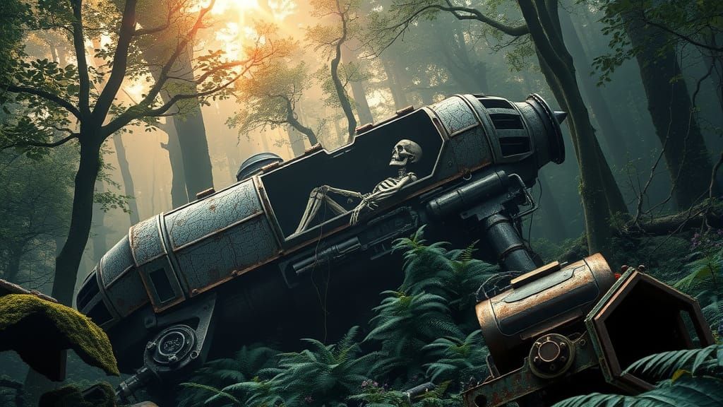 Rusted Mecha Surrenders to Nature in a Dystopian Forest Land...