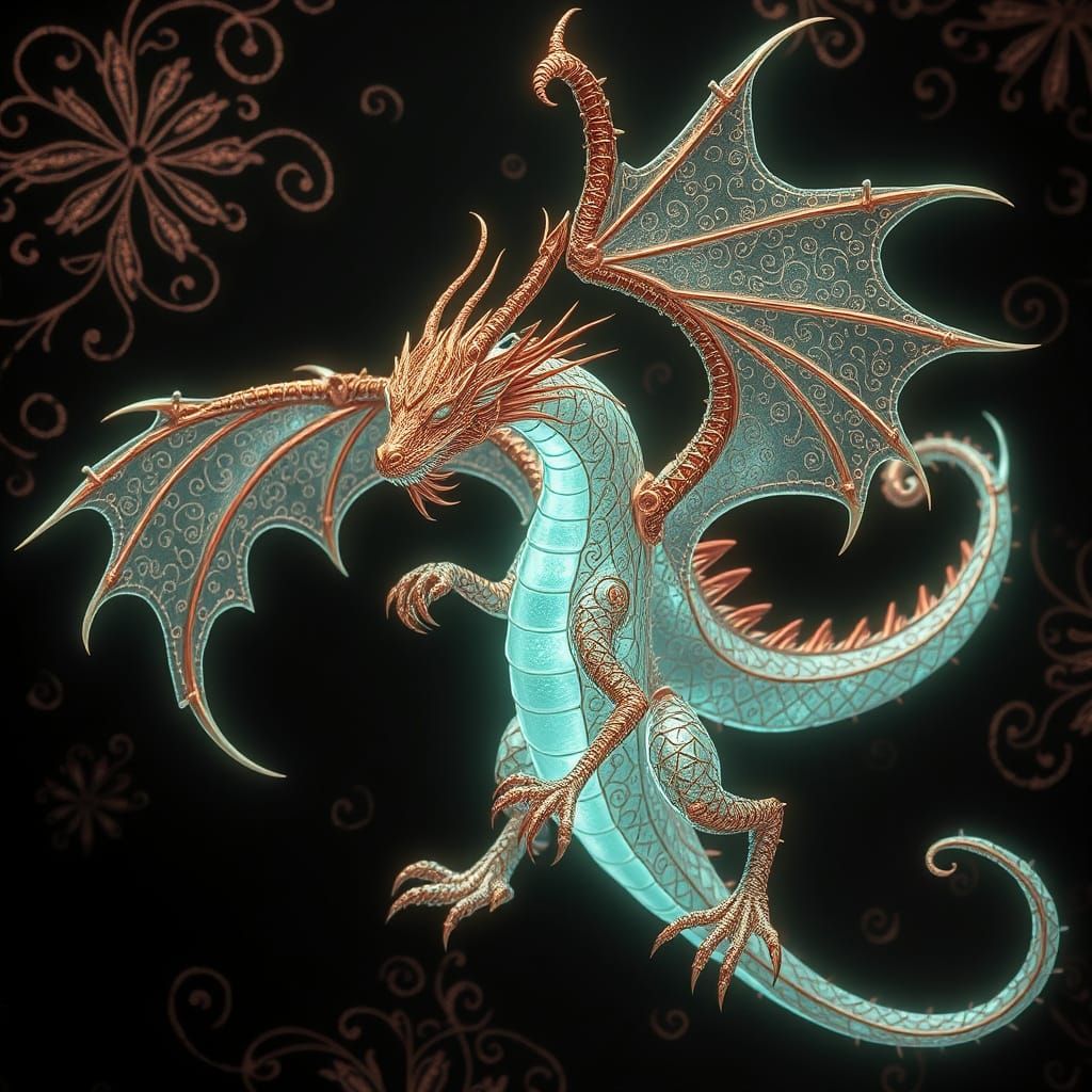 Bioluminescent Dragon with Copper Filigree Design