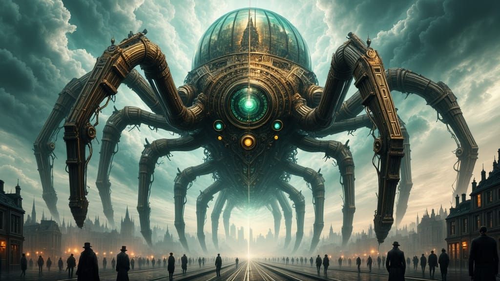 Colossal Steampunk War Machine Above Victorian London