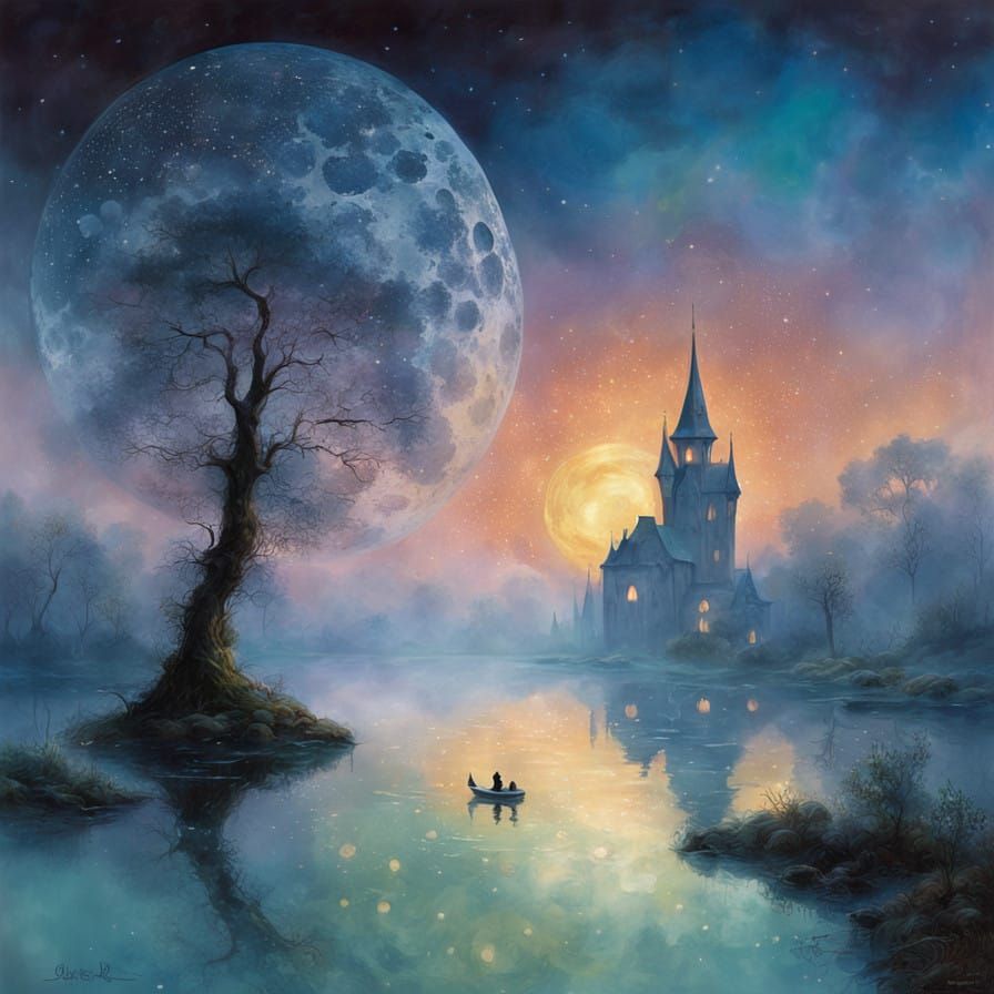 Dreamy Moonlit Lake Scene with Rising Bubbles