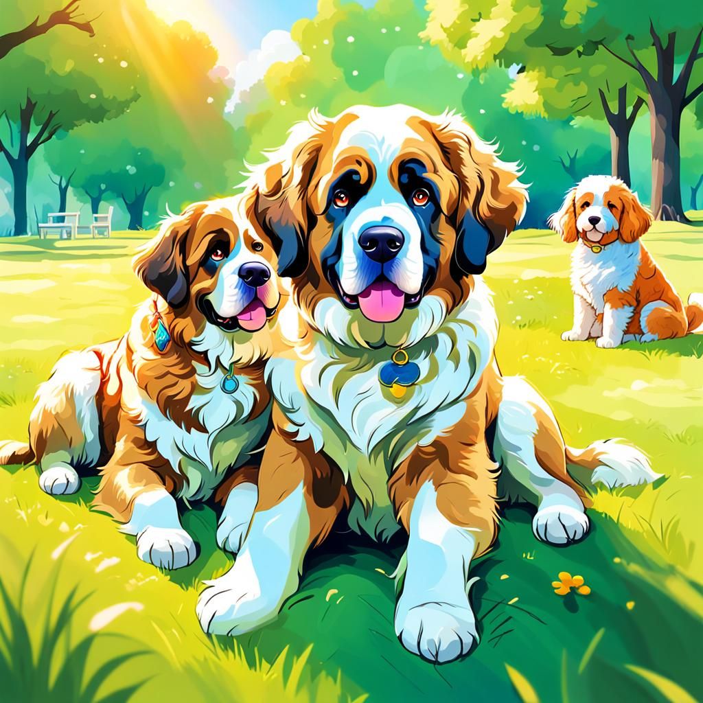 Playful Canines in Lush Green Digital Art