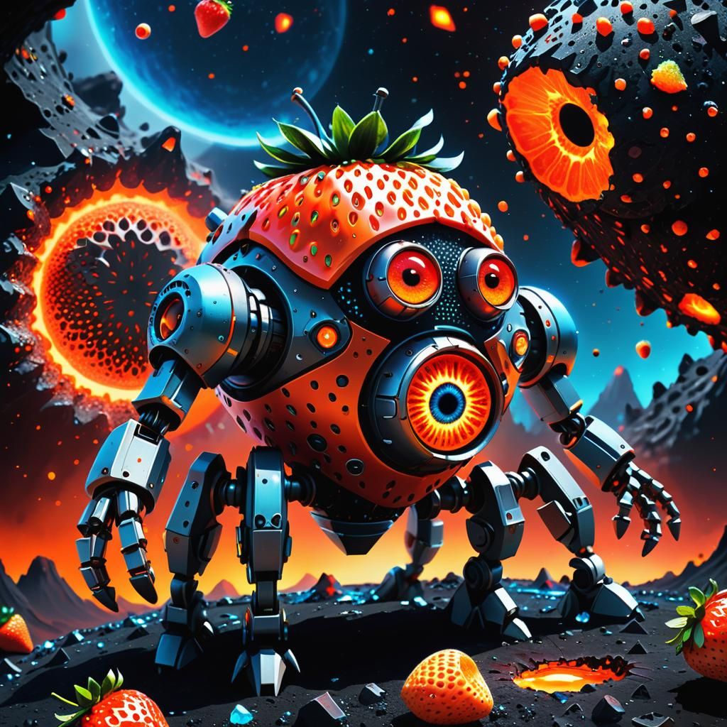 Strawberry Robot Mining Lava Crystals in Deep Space