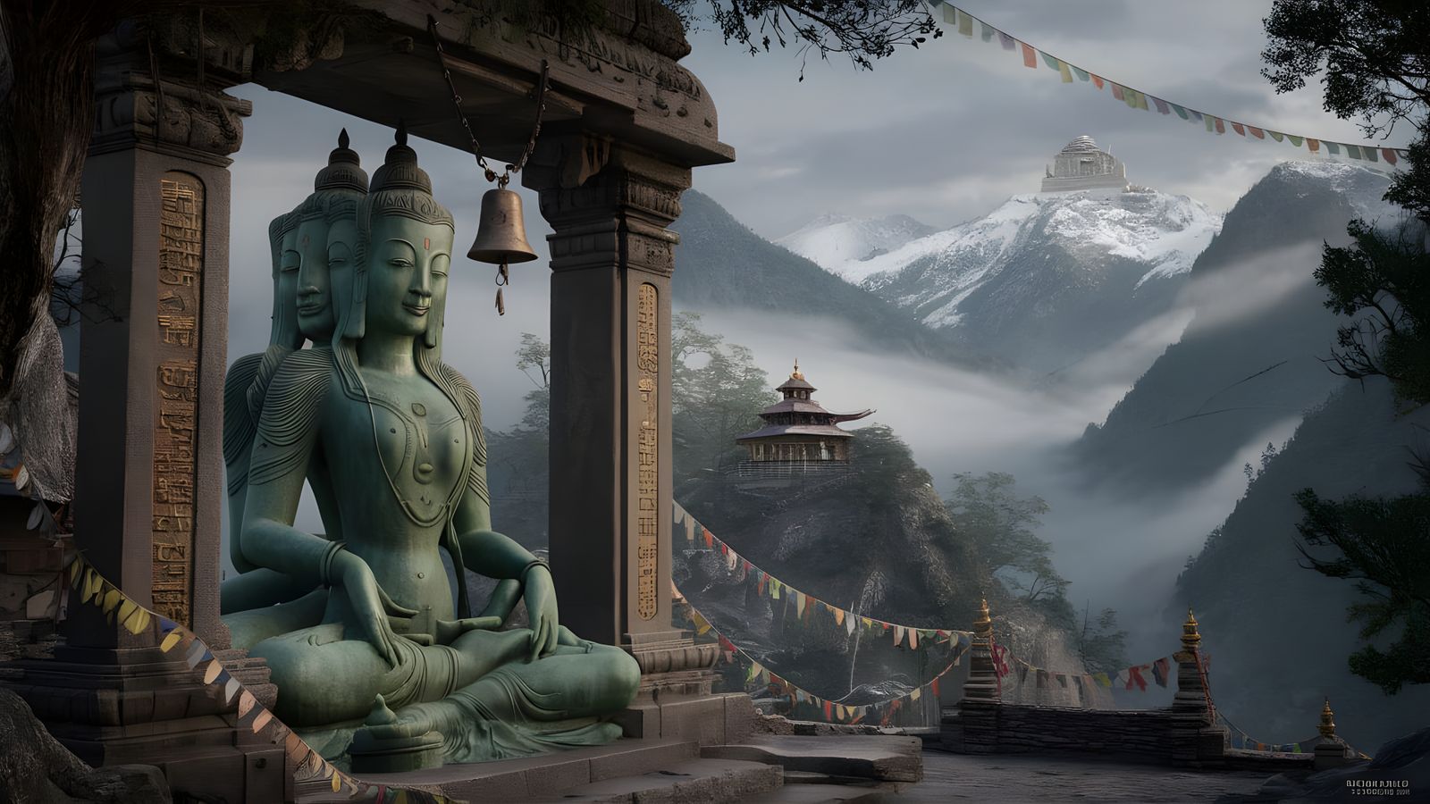 Green Tara Statue Meditating in Nepal Mountains