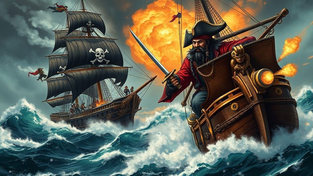 Pirate Ship Battle on Stormy Seas as Gritty Illustration