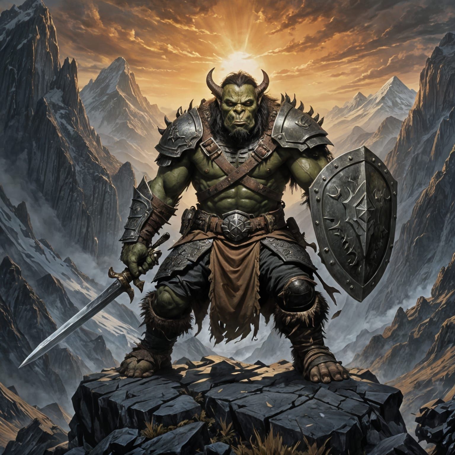 Orc Warrior with Sword and Shield, Fantasy Oil Painting