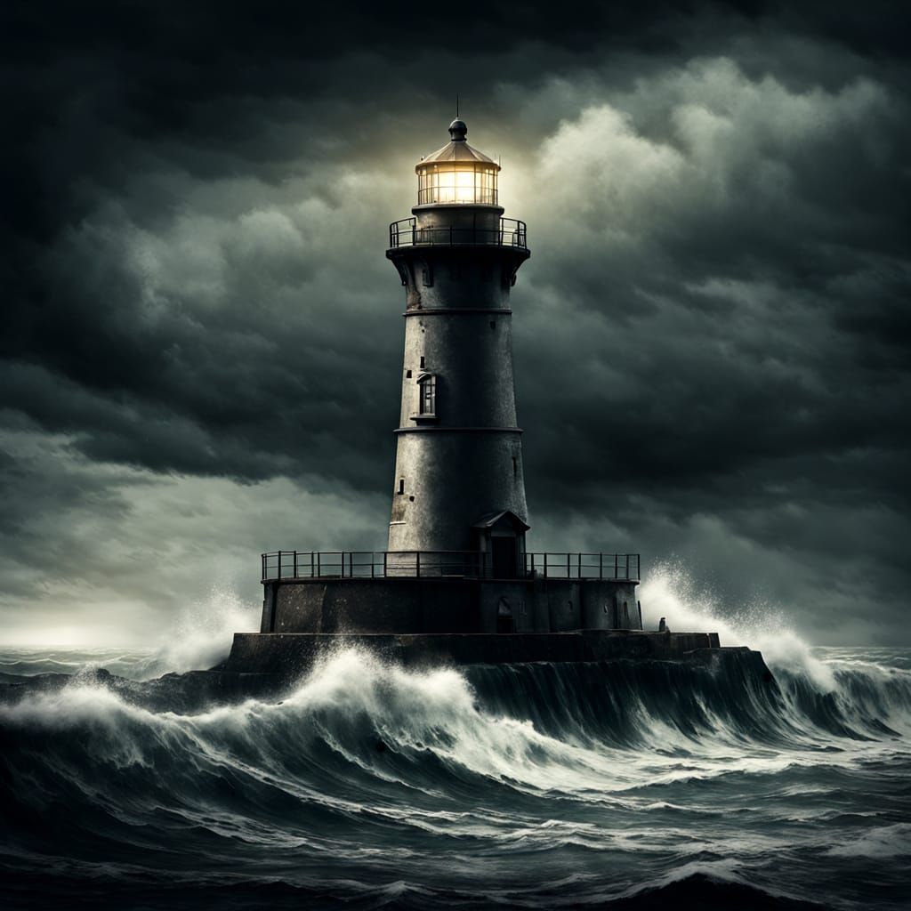 Solitary Lighthouse in Stormy Seas - Realistic Digital Art