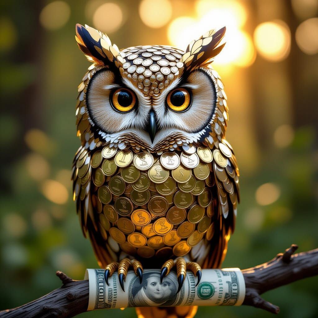 Wise Old Owl Crafted from Coins, Golden Hour Light