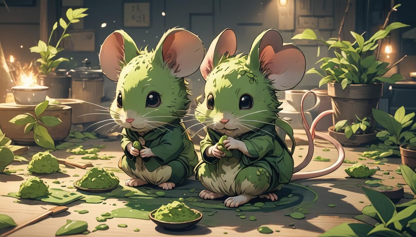 Matcha Mouse in Manga Style, Cel-Shaded Anime Art