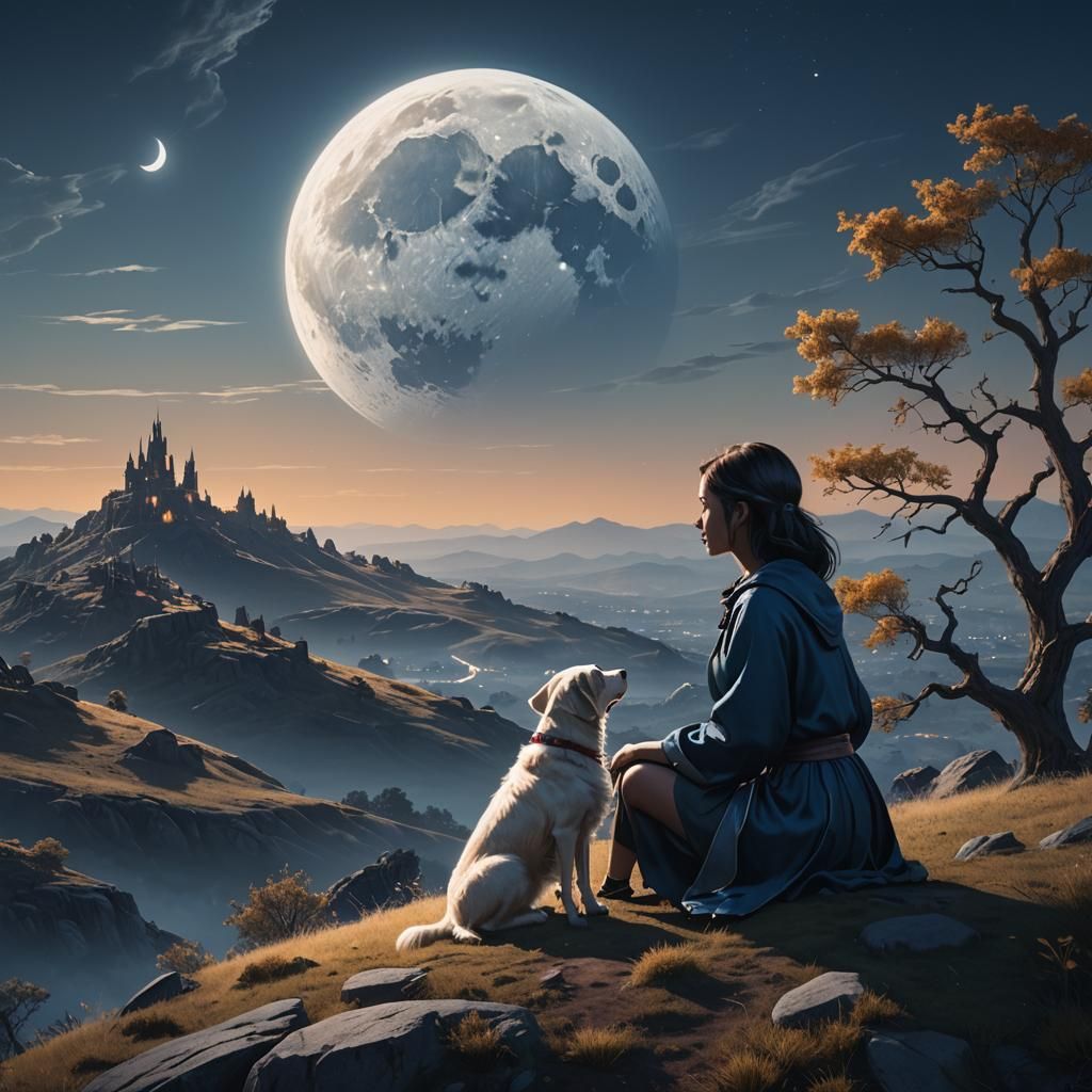 Girl and Ghost Dog Moon View: Fantasy Concept Art