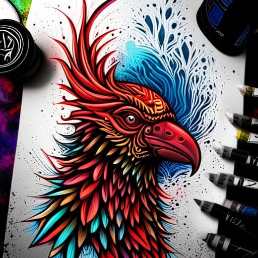 Neon Gothic Raven Graffiti Art with Tribal Patterns