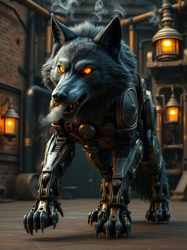 Steampunk Wolf with Gears and Amber Eyes