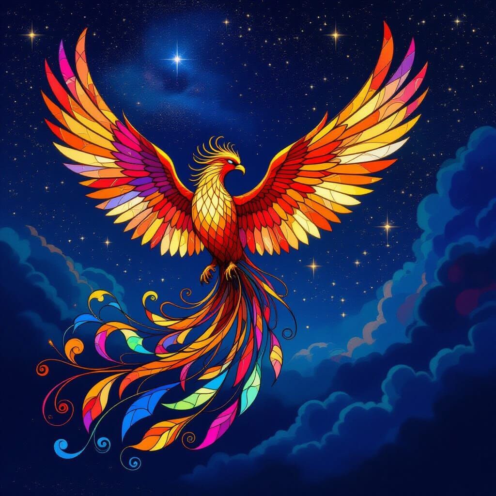 Majestic Stained Glass Phoenix Soars Through Nebula Sky