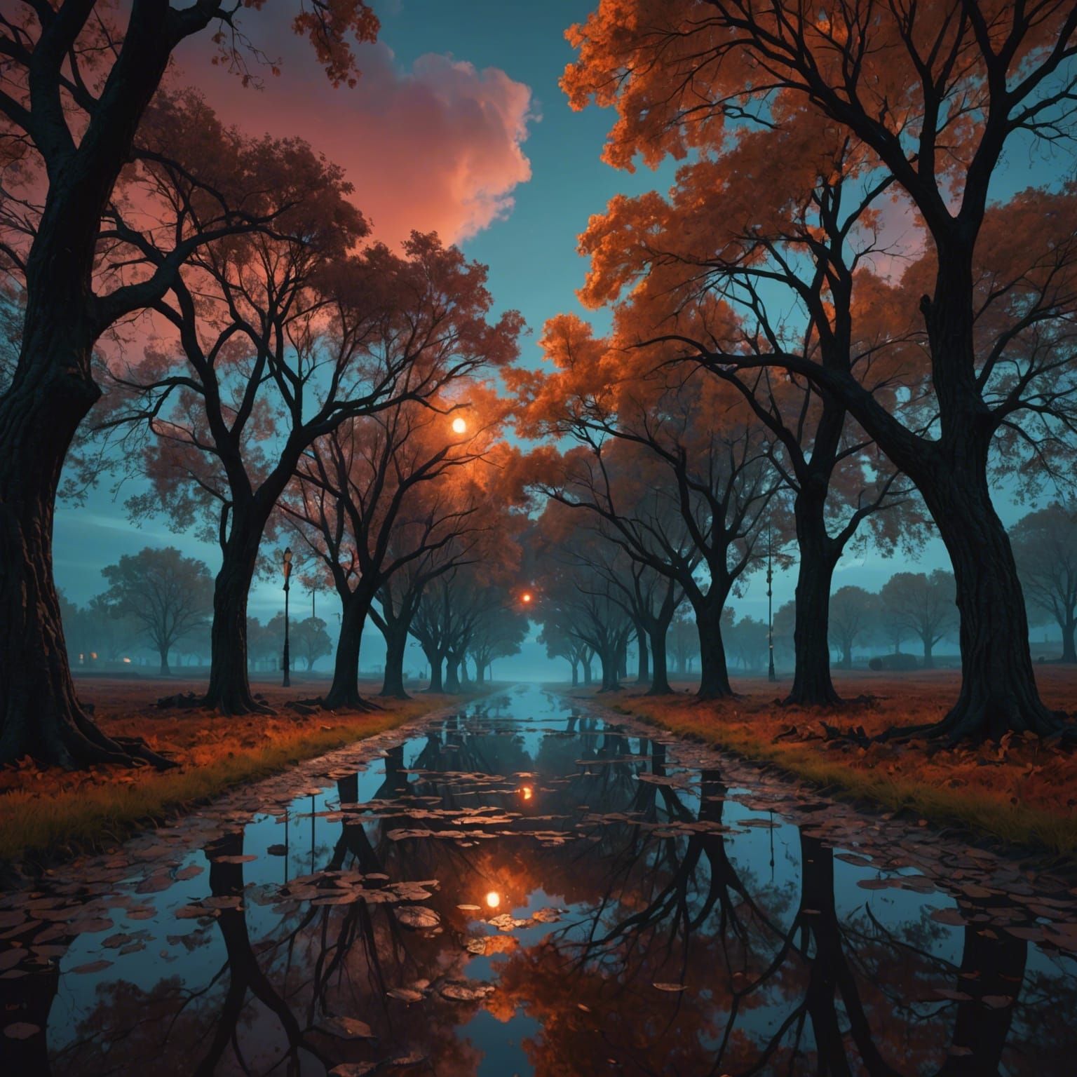 Gloomy Landscape with Blue Trees and Red Sky