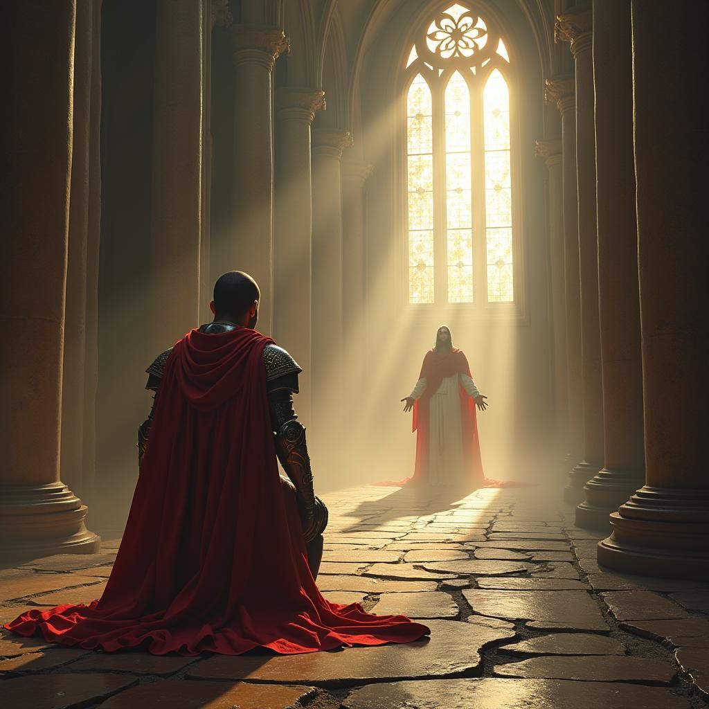 Dark Fantasy Knight Kneeling Before Christ in Cathedral