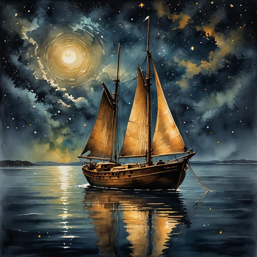 Stars and Sailboat in Digital Ink Wash Painting