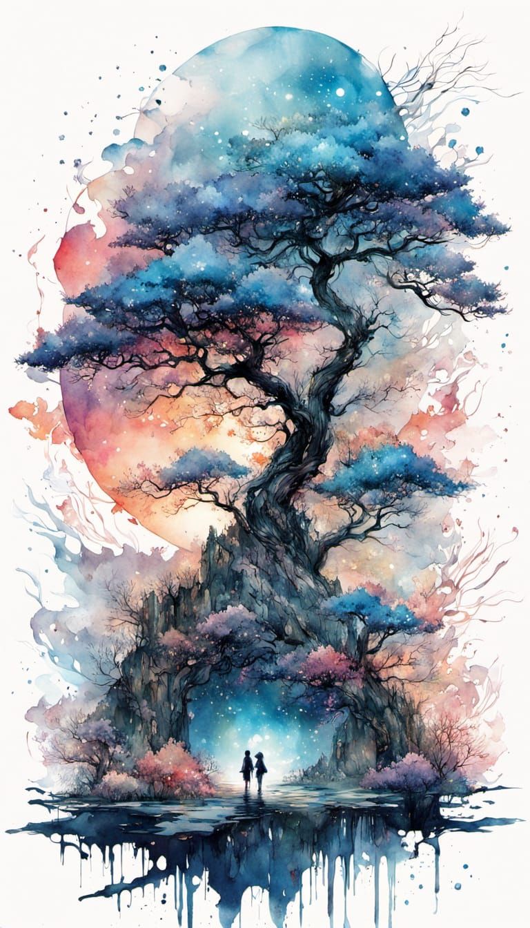 Surreal Watercolor Landscape of a Couple Walking Under Starr...