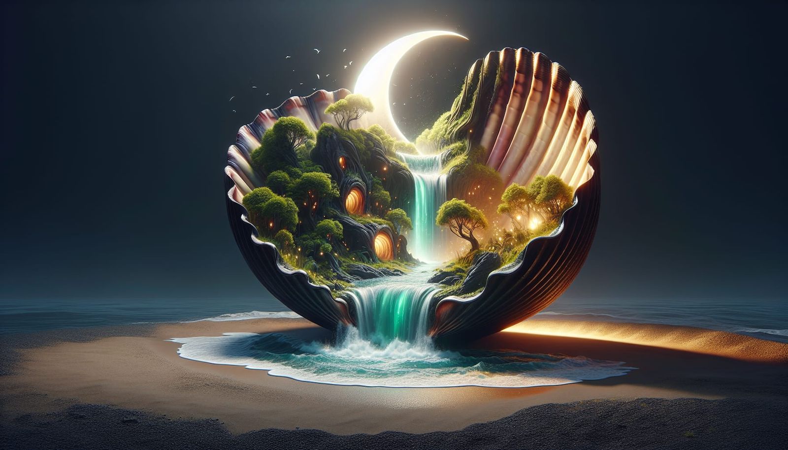 Giant Cockleshell Reveals Jungle Waterfall in Dark Fantasy