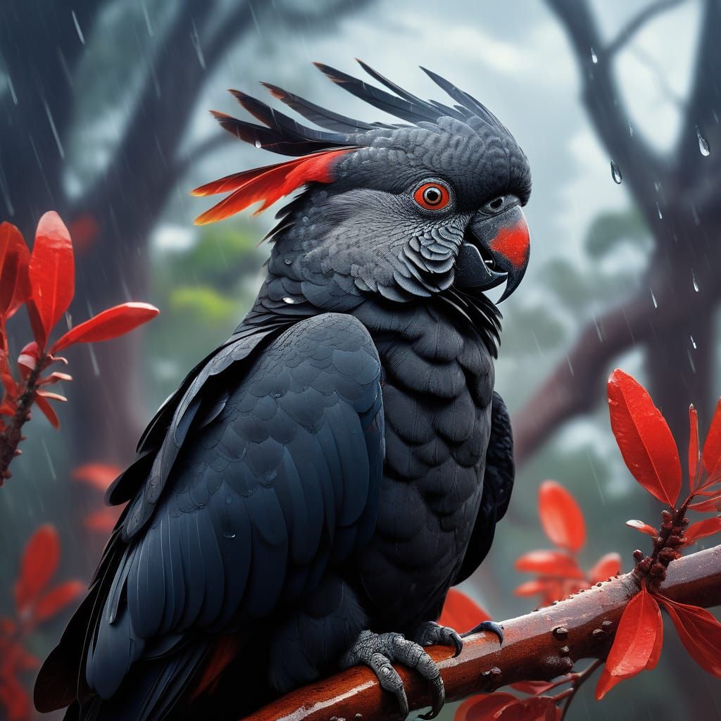 Realistic Black Cockatoo in Stormy Gum Tree Landscape