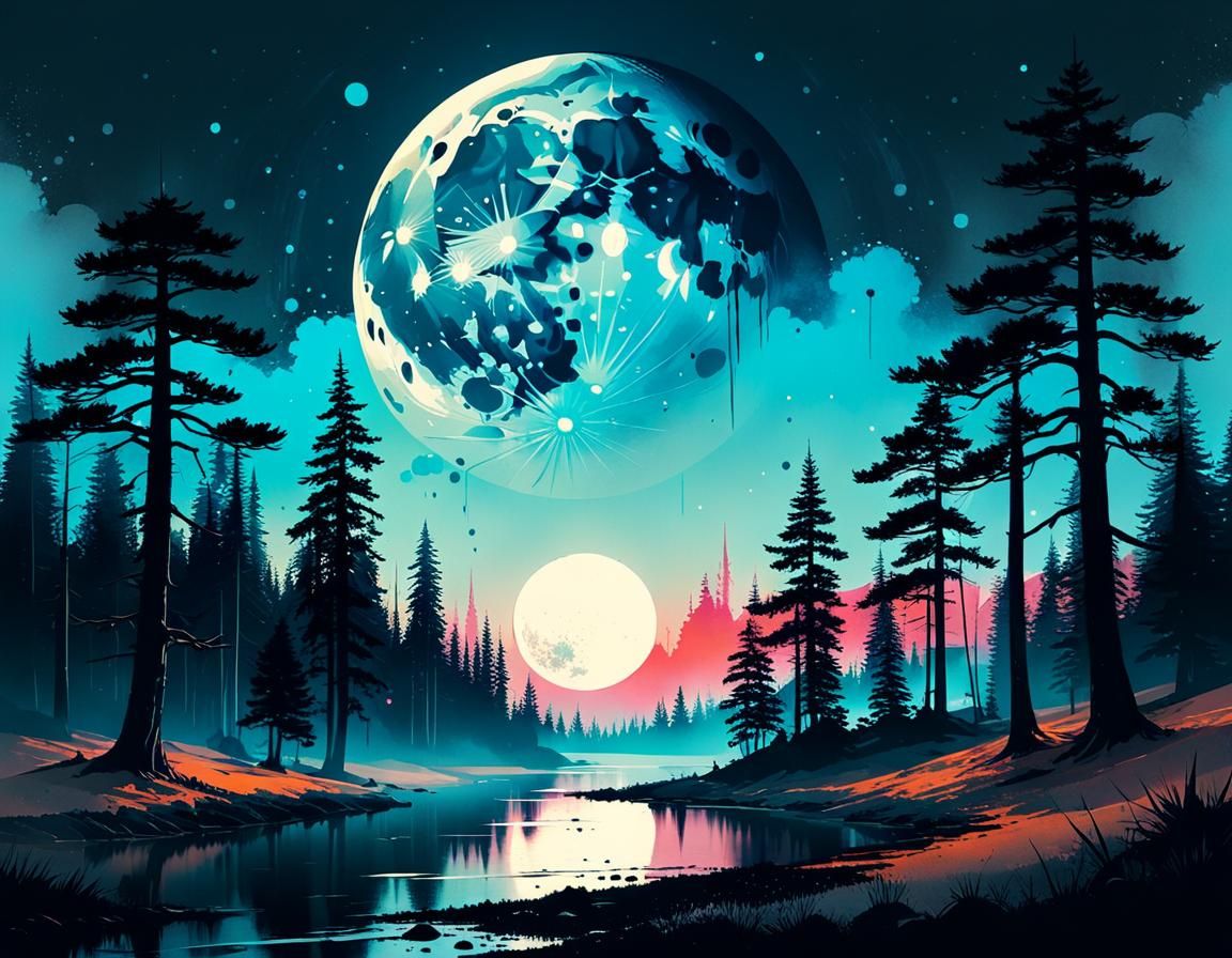 Ominous Moon Ink Splatter Art on Aged Paper