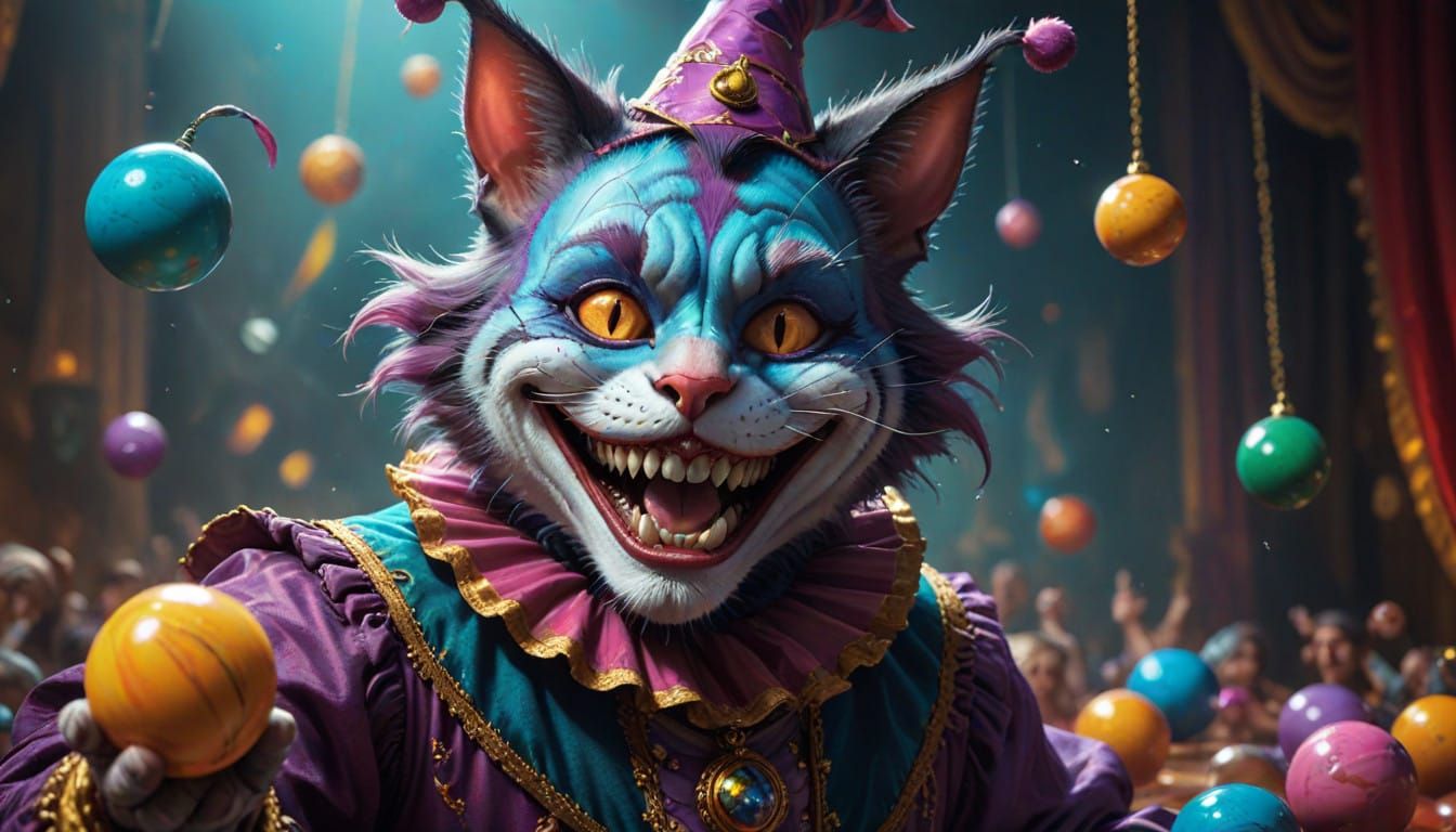 Whimsical Court Jester with Exaggerated Cheshire Cat Smile