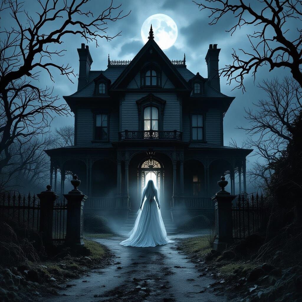 Ethereal White Lady Haunts Dilapidated Victorian Mansion