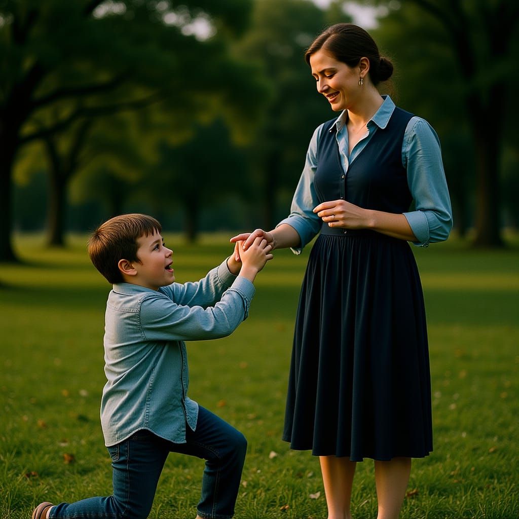 Hyperrealistic Mother and Son Playing in Park: Cinematic Fil...