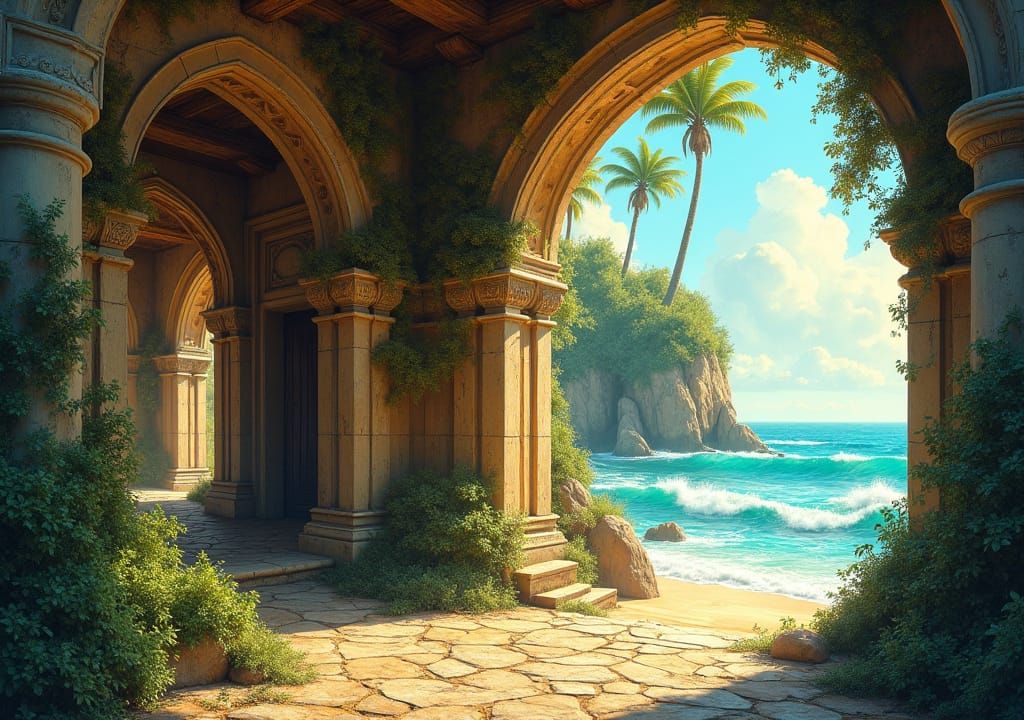 Abandoned Palace Overlooking a Beach, Oil Painting