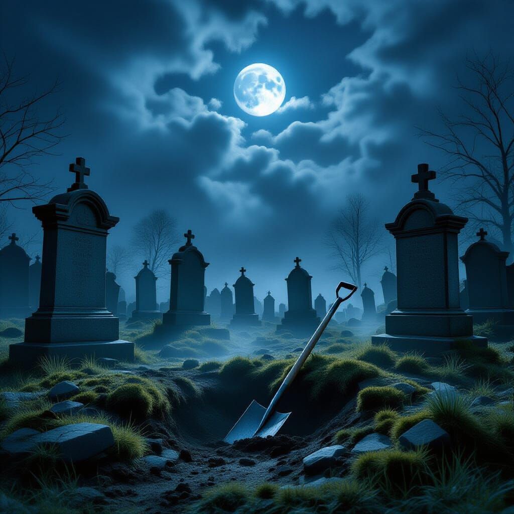Eerie Graveyard at Night with Moonlight and Fog