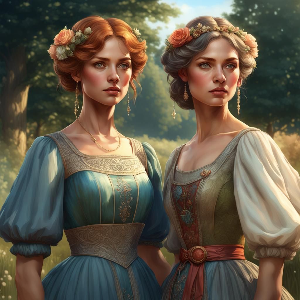 Elegant Women in English Countryside: Hyperdetailed Portrait