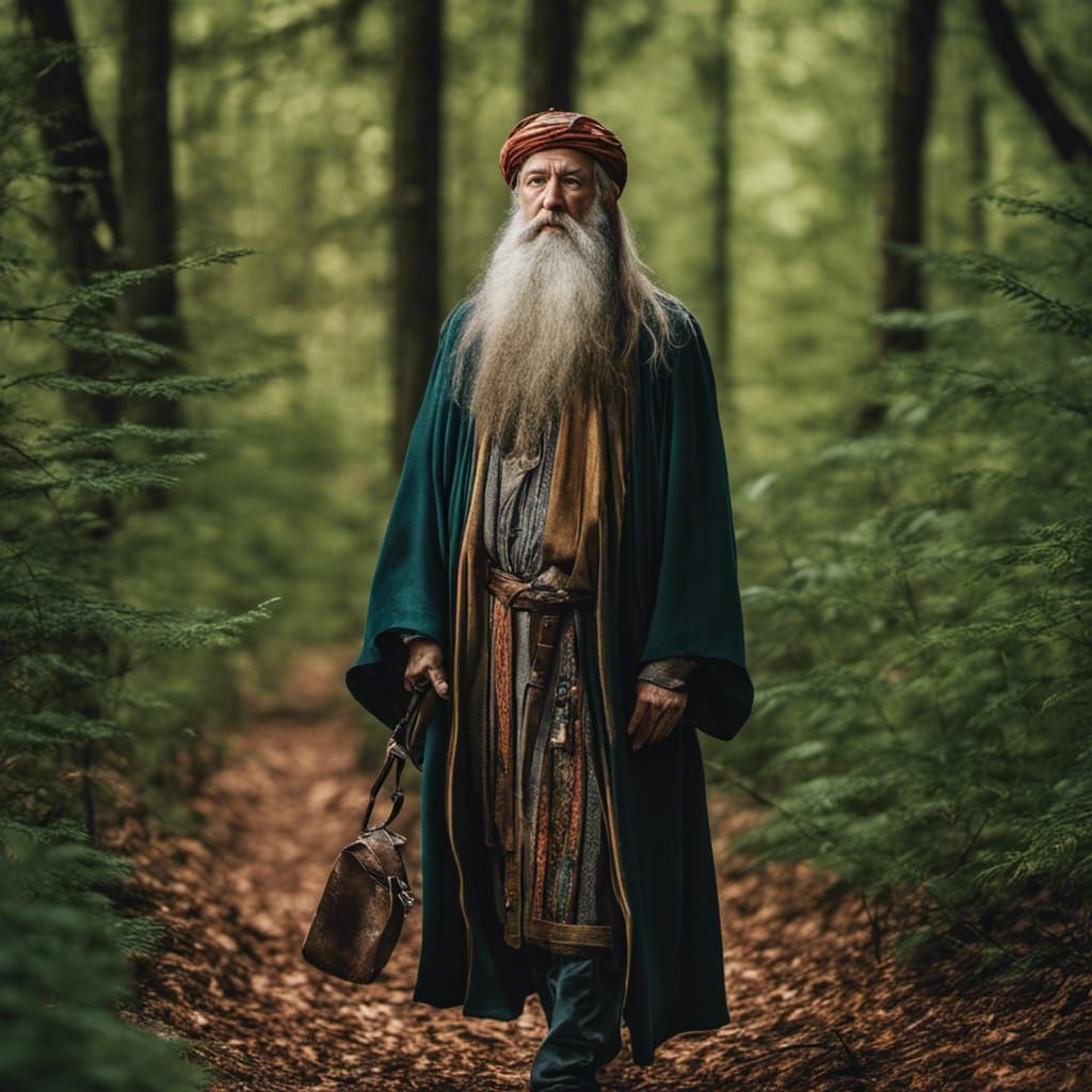 Colorful Portrait of an Old Mage in Forest