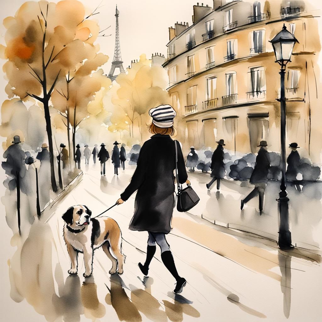 Woman Walking Dog in Paris: Ink Wash Art