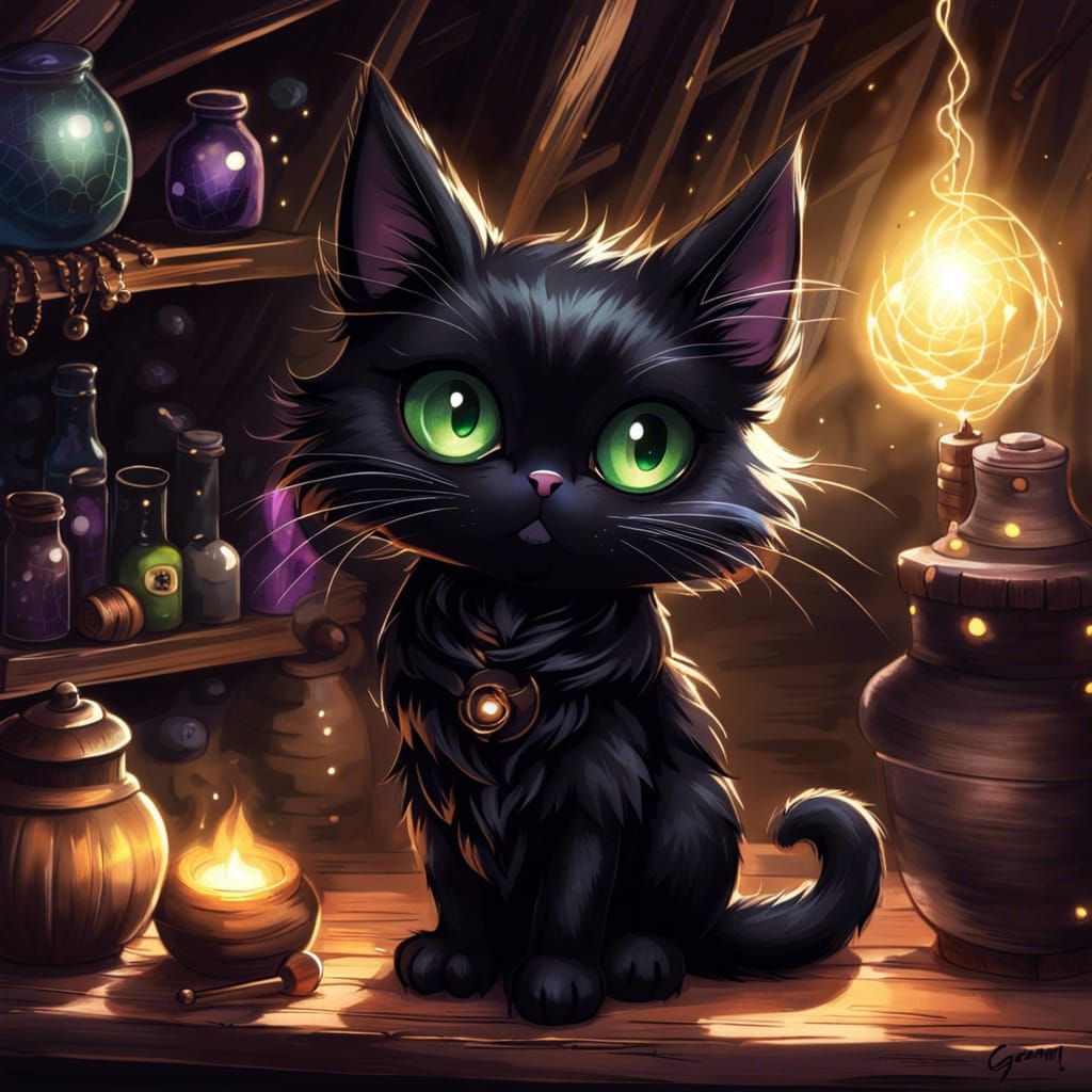Sinister Chibi Cat Explores Eerie Witch Attic