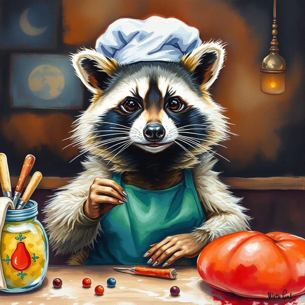 Raccoon Chef Hosts Cooking Show in Gouache Style