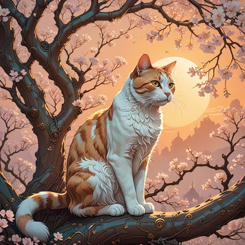 Jugendstil Girl and Cat Behind Cherry Blossom Tree