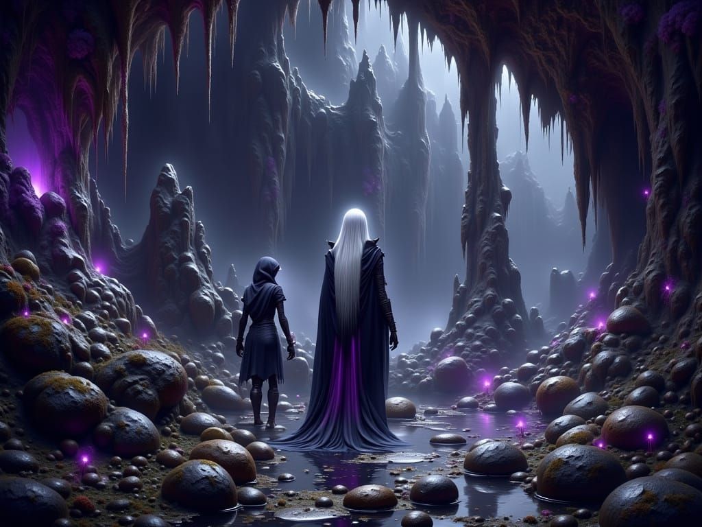 Drow Elf Scout Tracks Cave in Armored Skinsuit