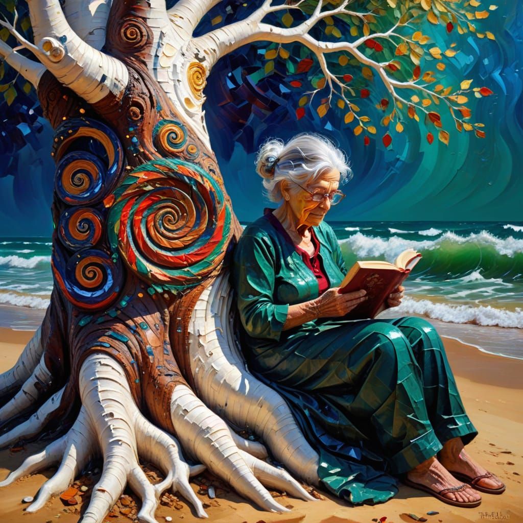 An old woman sits with her back against the tree and reads a book.