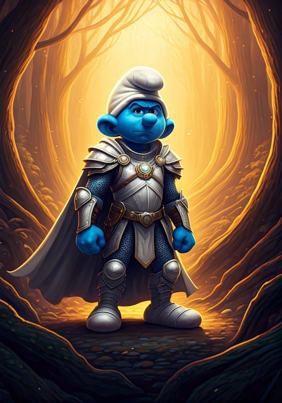 Epic Smurf Paladin in Faerun Fantasy Art Style