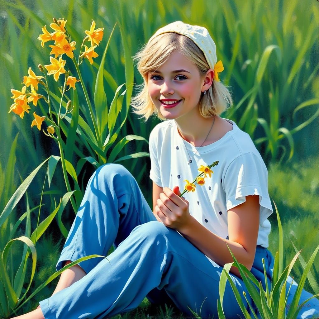 Blonde Woman in Yellow Cap, Blue Jeans, and White Flannel Sh...