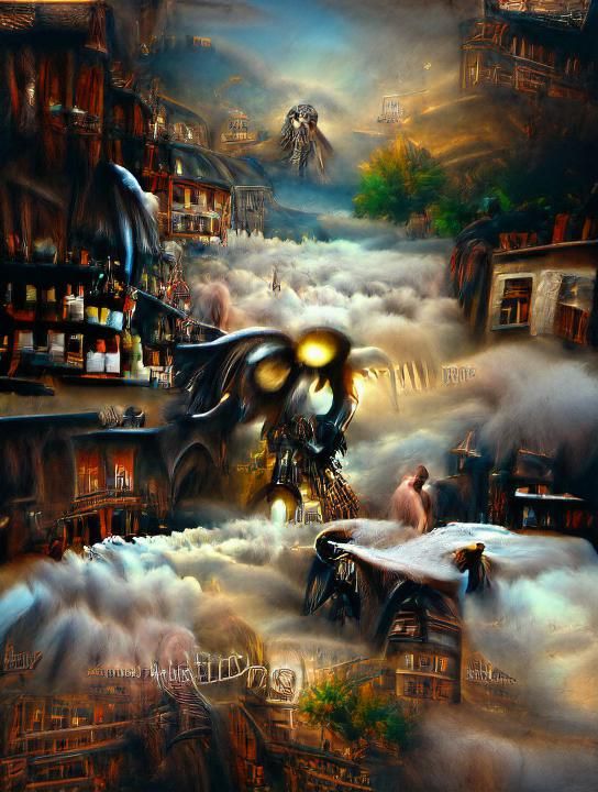 Cyborg Bartender vs Winged Beast in Steampunk Style