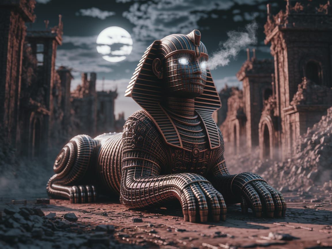 Biomechanical Sphinx Sentinel in Ethereal 3D Render