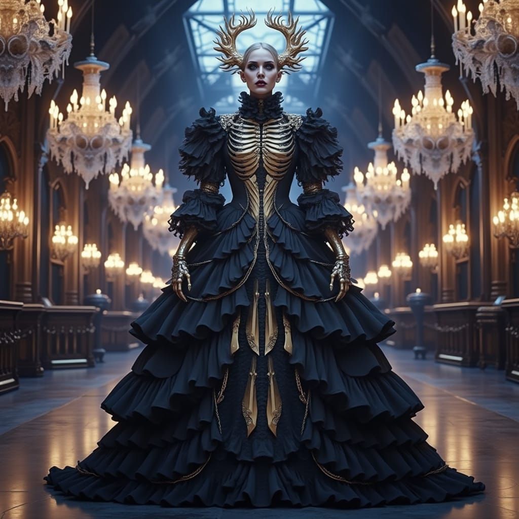 Undead Woman in Black and Gold Dress at Dance Hall