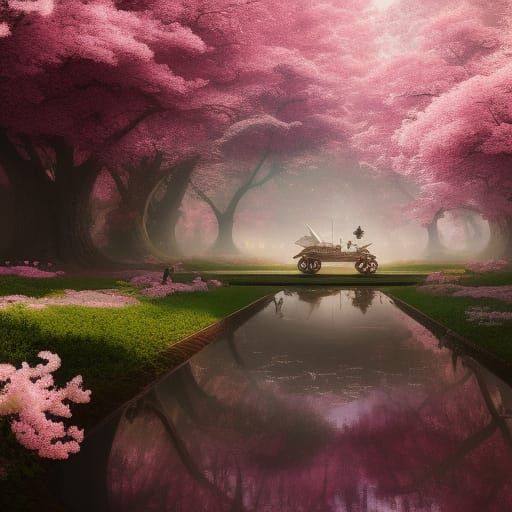 Steam Train Journey Through Blossom Park in Digital Art
