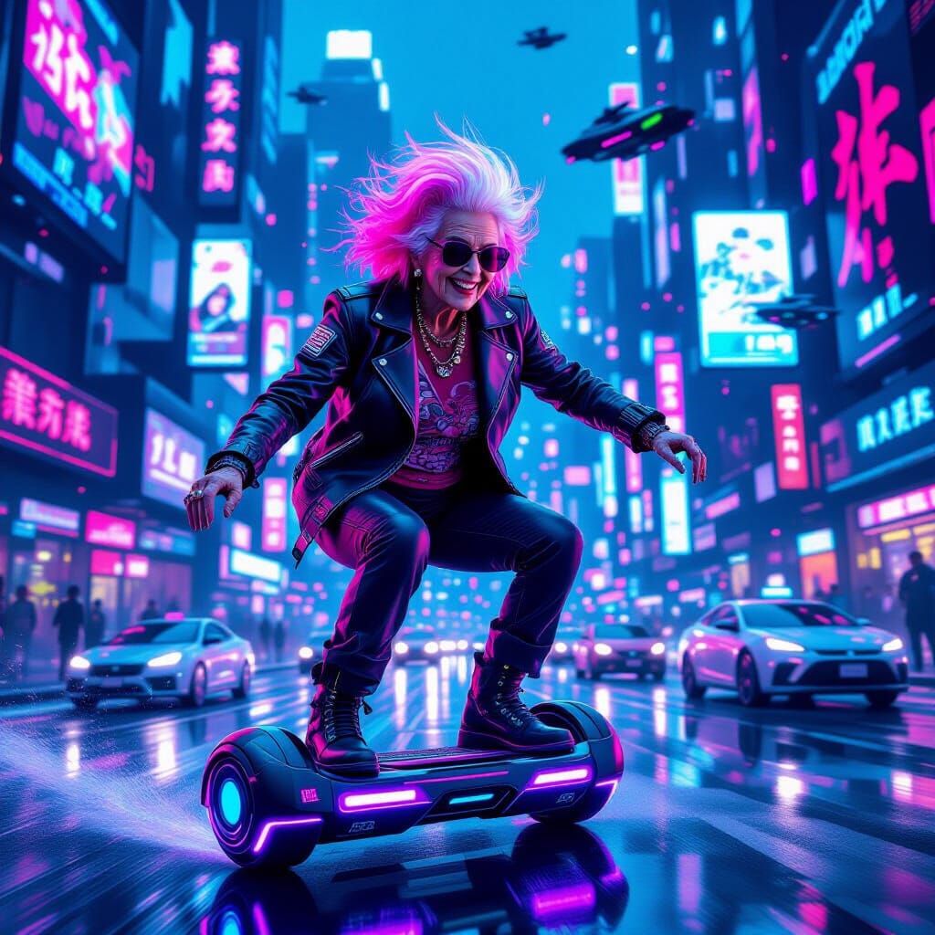 Elderly Woman Shredding on Hoverboard in Cyberpunk City